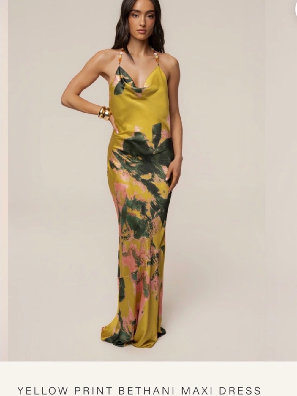 Luxxel Yellow Floral-Print Satin Slip Maxi Dress
